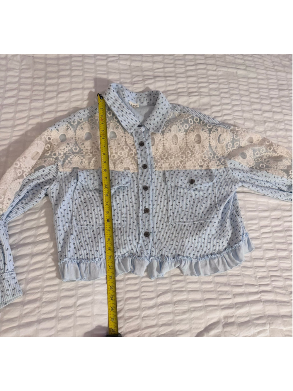 Women's Pol Floral Button Down Shirt, Size M, Blue and White - Picture 6 of 7